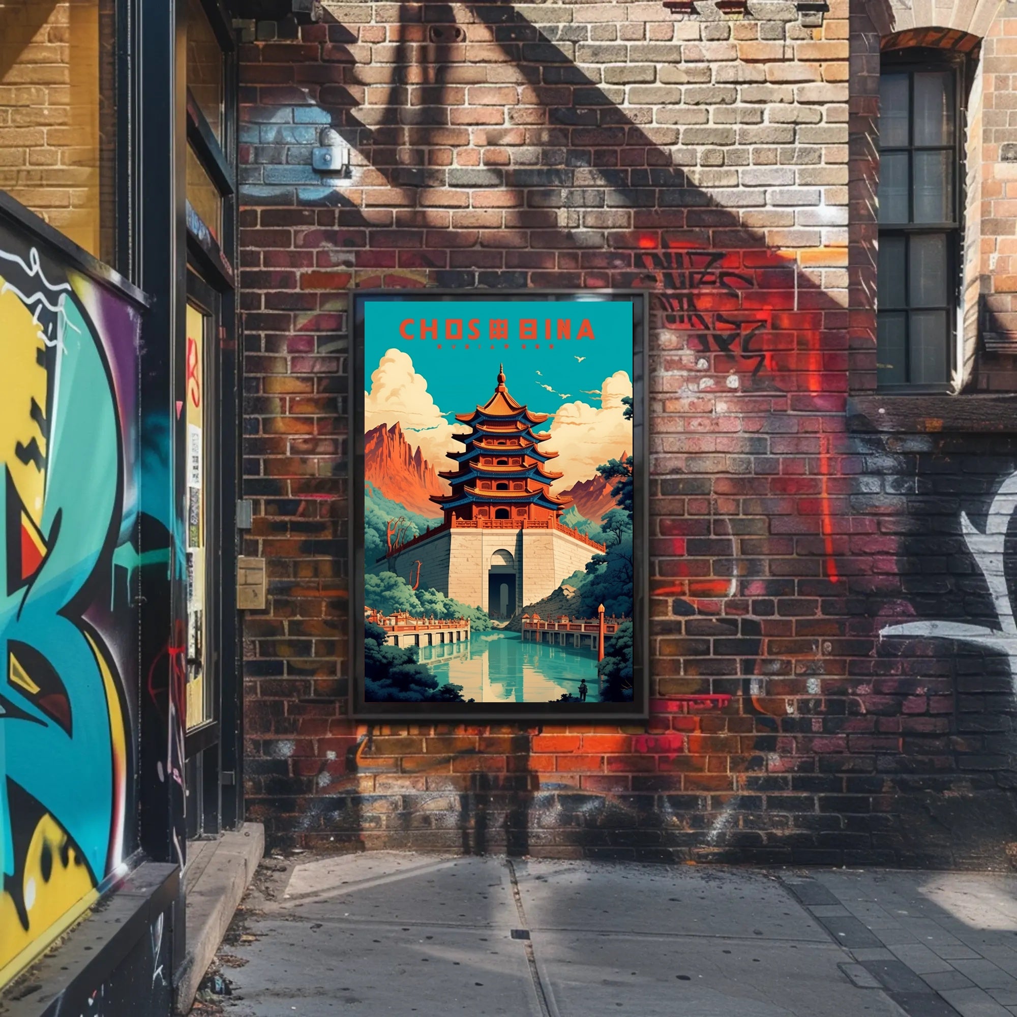 Traditional Pagoda and Mountains Cultural or Heritage Poster PosterGoat