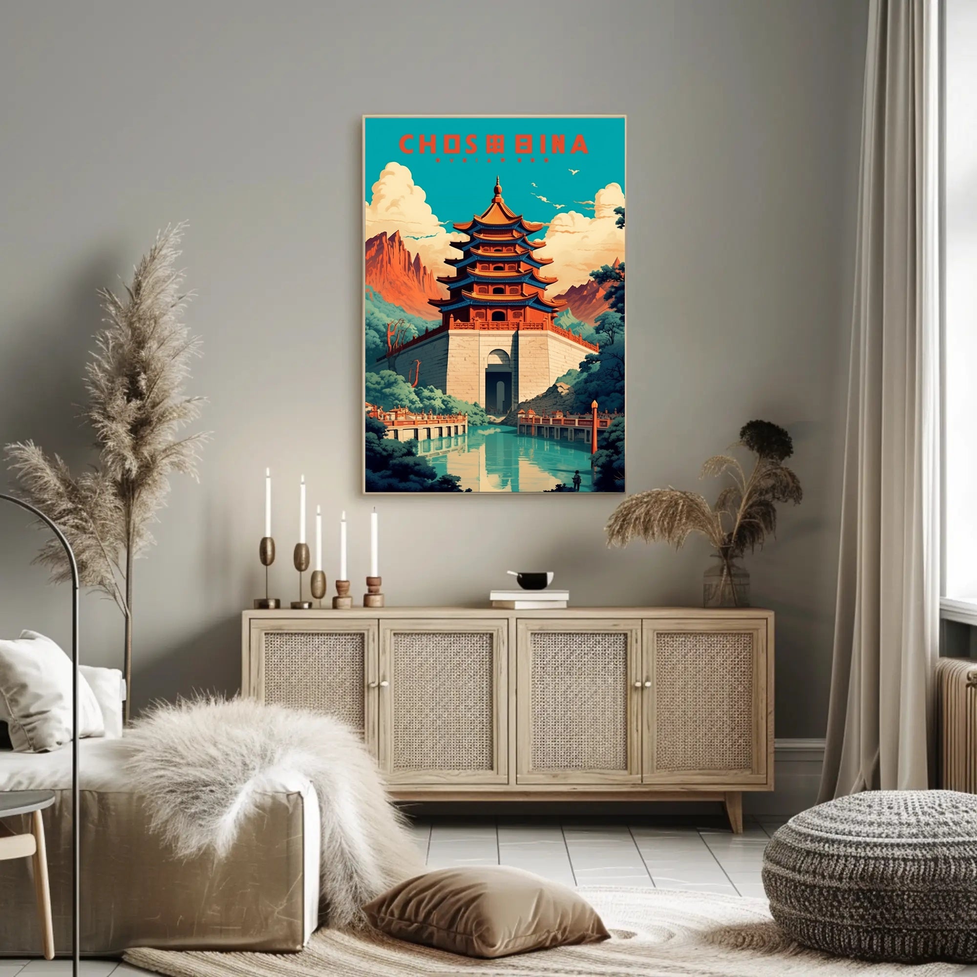 Traditional Pagoda and Mountains Cultural or Heritage Poster PosterGoat