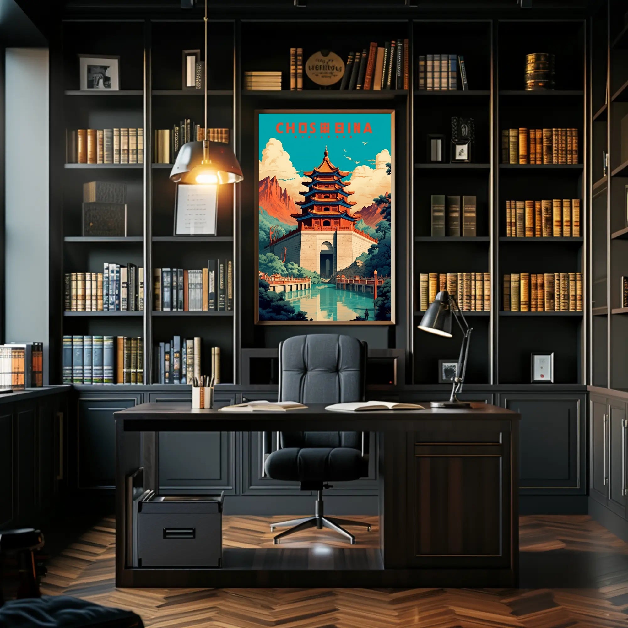 Traditional Pagoda and Mountains Cultural or Heritage Poster PosterGoat