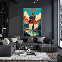 Traditional Pagoda and Mountains Cultural or Heritage Poster PosterGoat