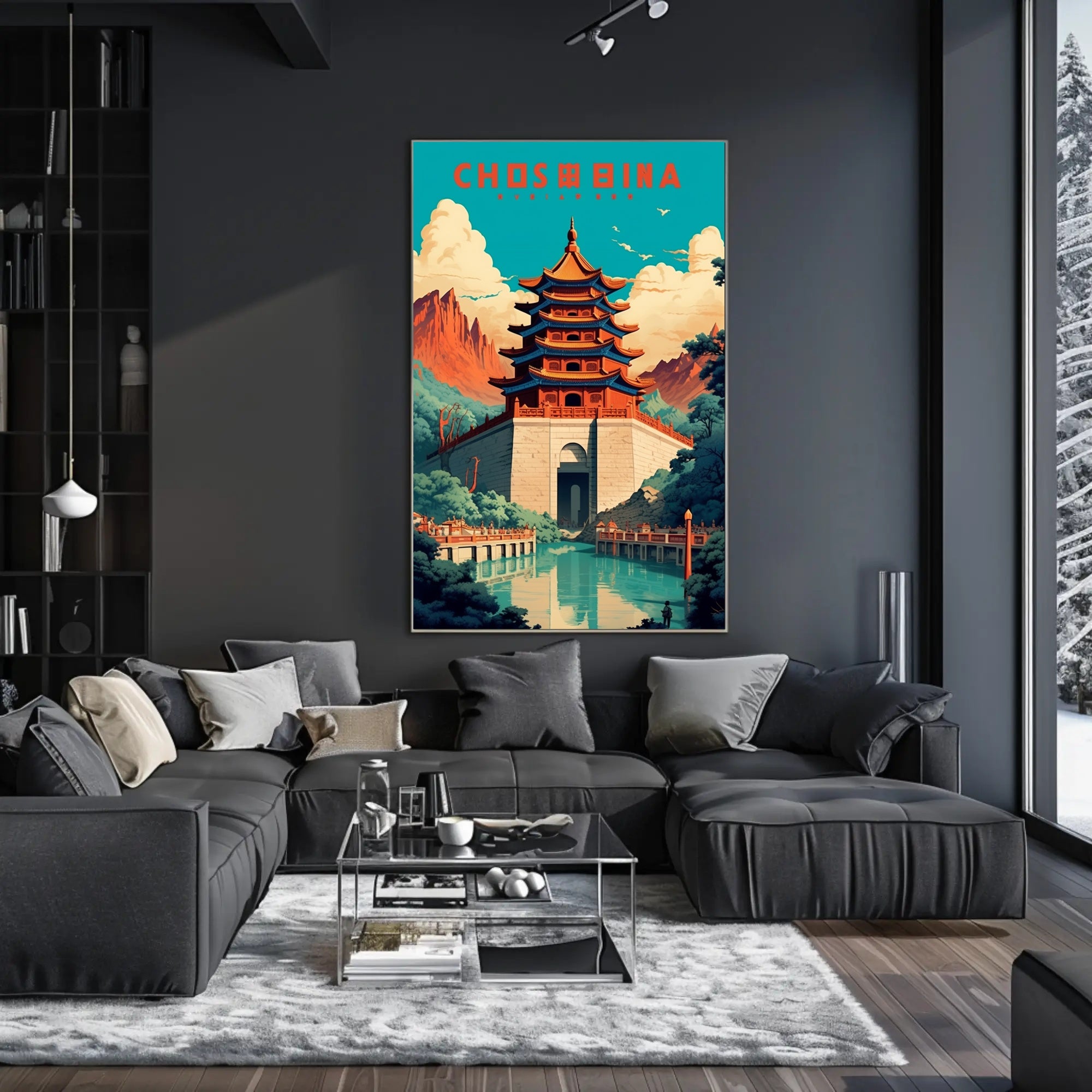 Traditional Pagoda and Mountains Cultural or Heritage Poster PosterGoat