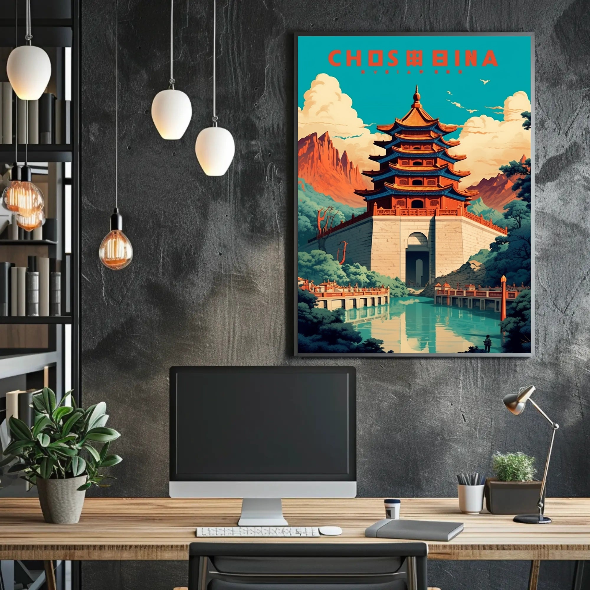 Traditional Pagoda and Mountains Cultural or Heritage Poster PosterGoat