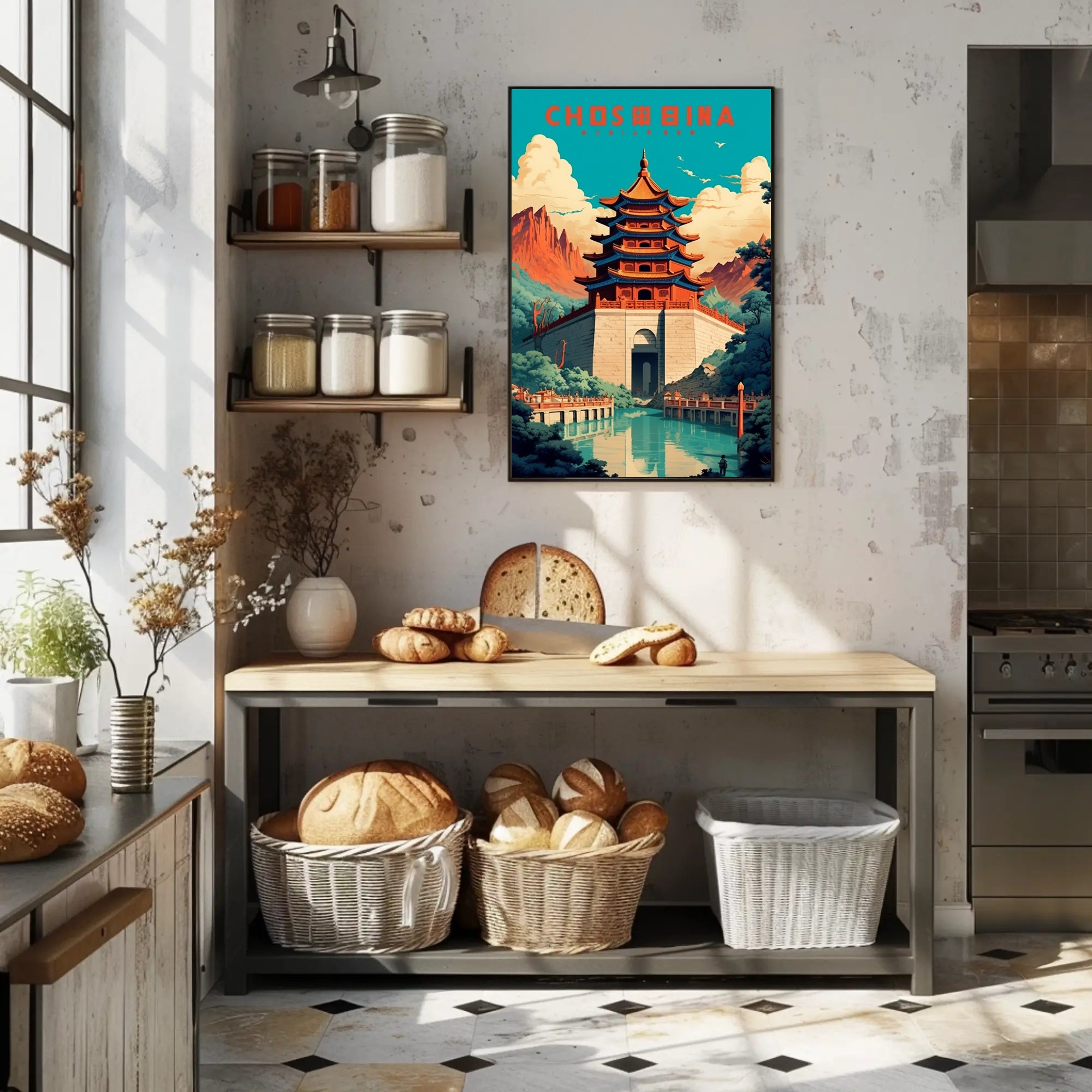 Traditional Pagoda and Mountains Cultural or Heritage Poster PosterGoat