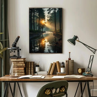 Tranquil Forest River Sunrise Scene National Park Poster PosterGoat