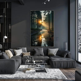 Tranquil Forest River Sunrise Scene National Park Poster PosterGoat
