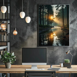 Tranquil Forest River Sunrise Scene National Park Poster PosterGoat