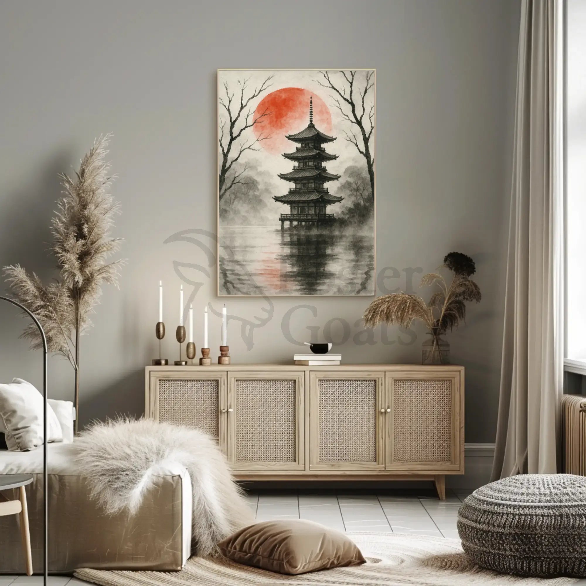 Tranquil Japanese Pagoda Scene with Red Sun Heritage Poster PosterGoat