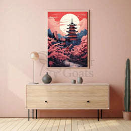Tranquil Japanese Pagoda Under Moonlight Heritage Poster PosterGoat