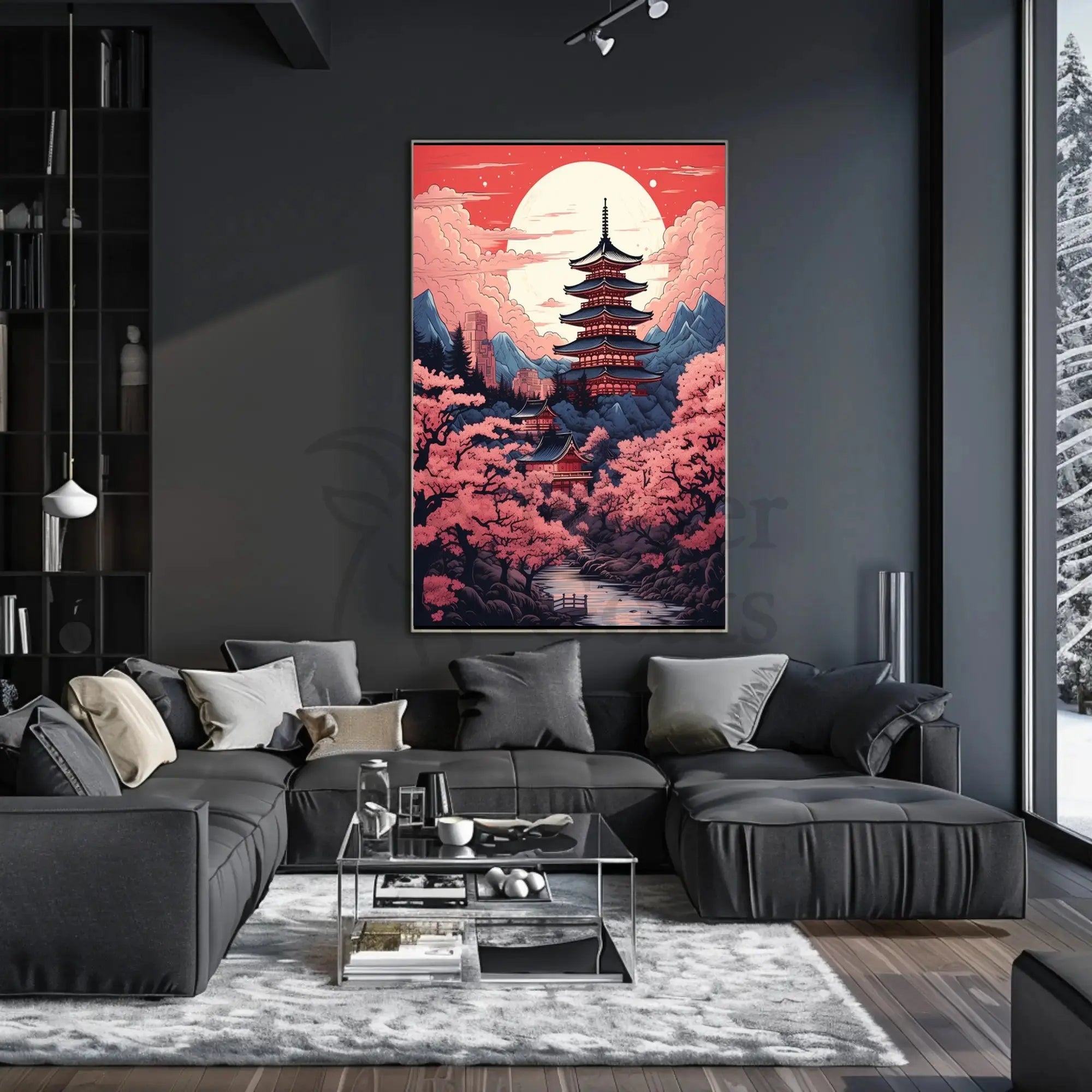 Tranquil Japanese Pagoda Under Moonlight Heritage Poster PosterGoat