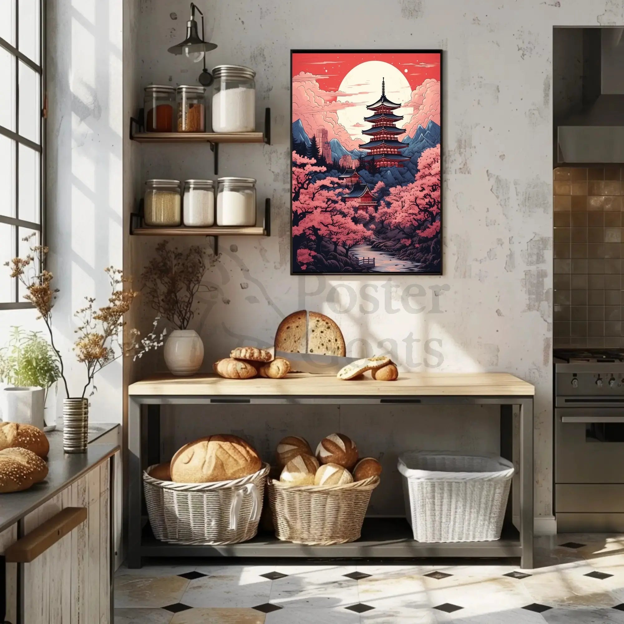 Tranquil Japanese Pagoda Under Moonlight Heritage Poster PosterGoat