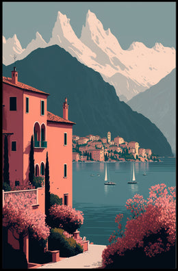 Tranquil Mediterranean Lakeside Scene Blissful Travel Poster PosterGoat