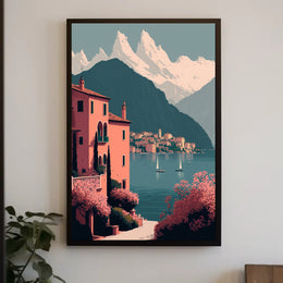 Tranquil Mediterranean Lakeside Scene Blissful Travel Poster PosterGoat