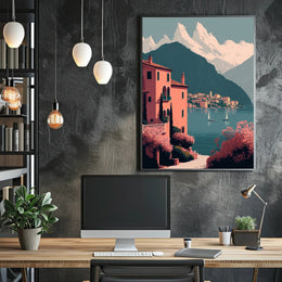 Tranquil Mediterranean Lakeside Scene Blissful Travel Poster PosterGoat