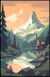 Tranquil Mountain Cabin Scene Under Orange Sky Travel Poster PosterGoat
