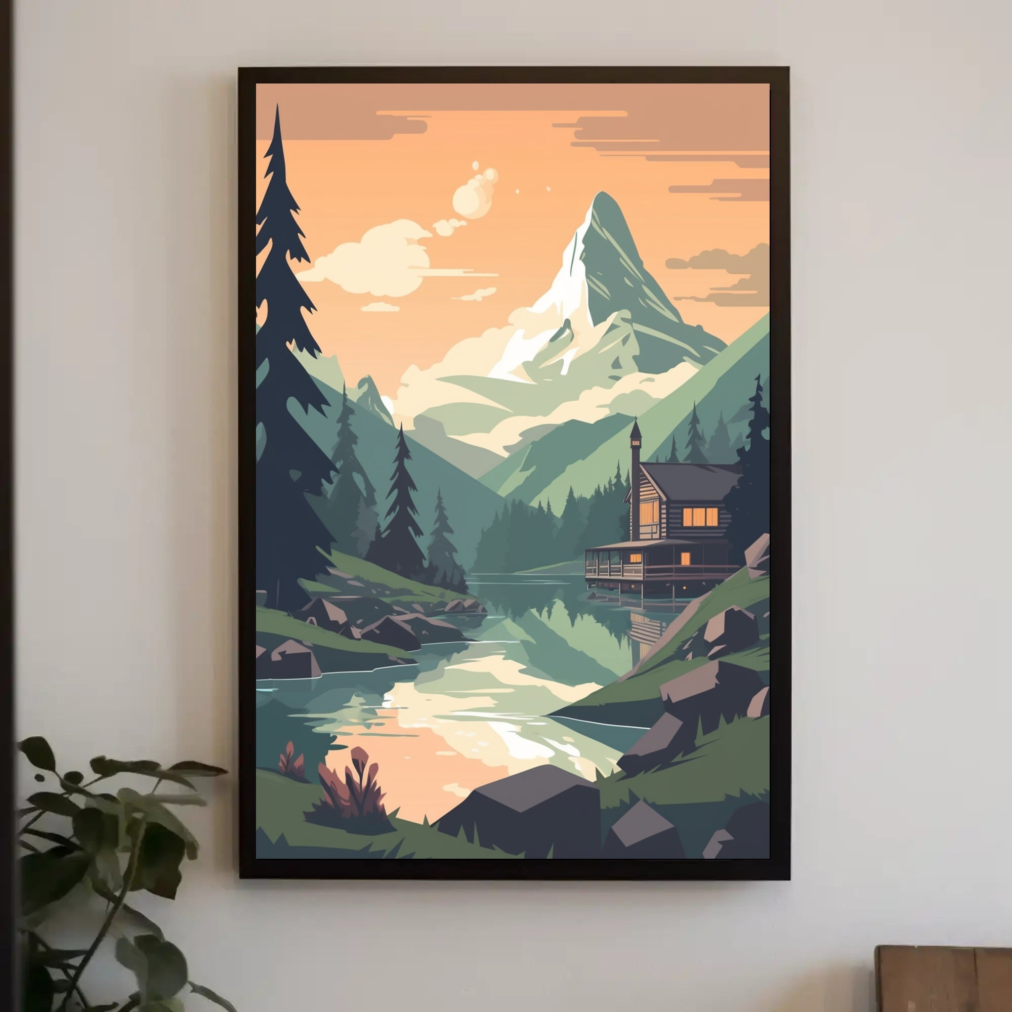 Tranquil Mountain Cabin Scene Under Orange Sky Travel Poster PosterGoat