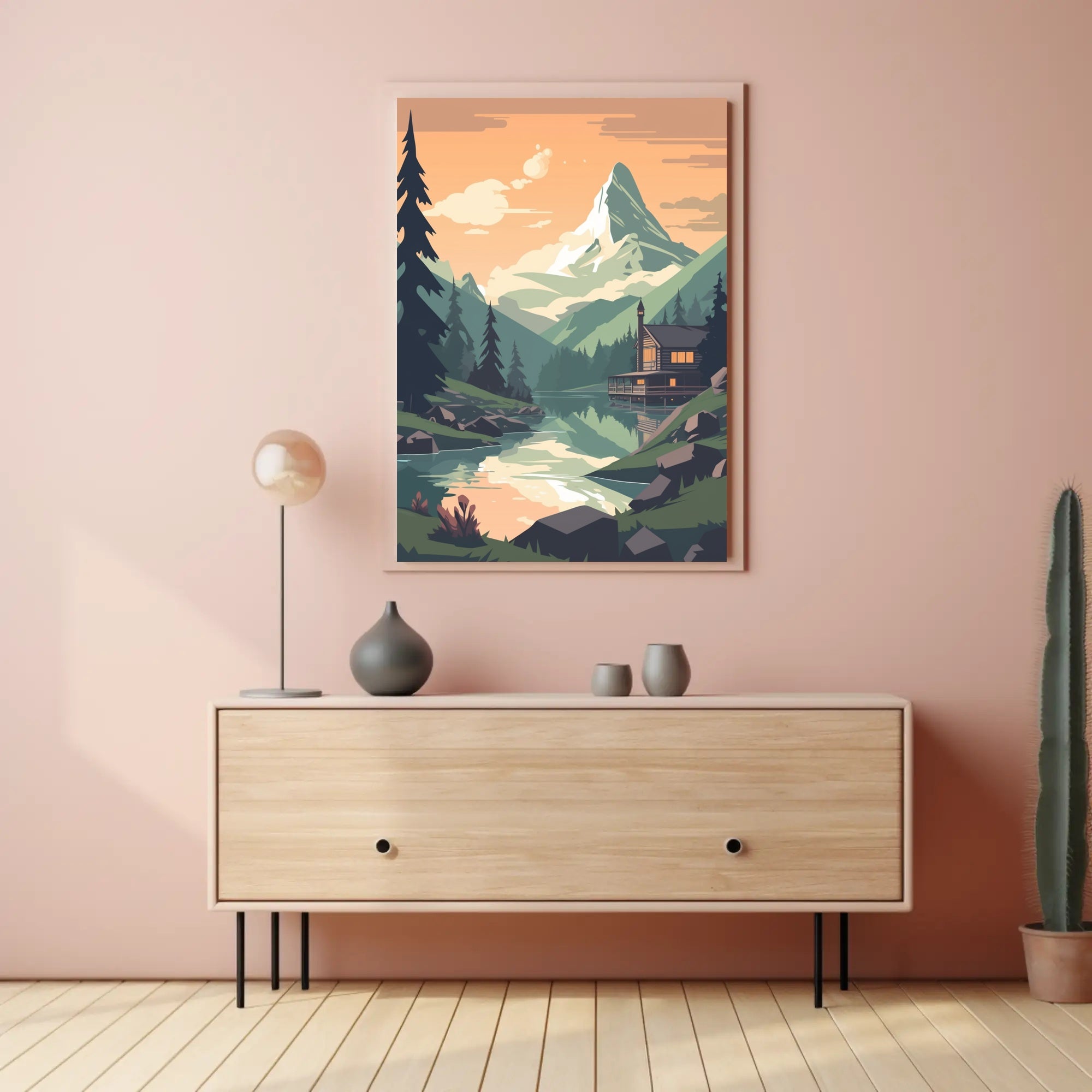 Tranquil Mountain Cabin Scene Under Orange Sky Travel Poster PosterGoat