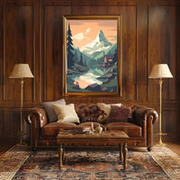 Tranquil Mountain Cabin Scene Under Orange Sky Travel Poster PosterGoat