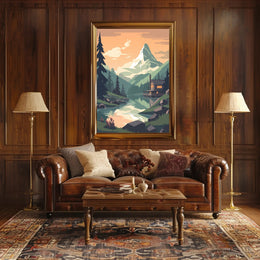 Tranquil Mountain Cabin Scene Under Orange Sky Travel Poster PosterGoat