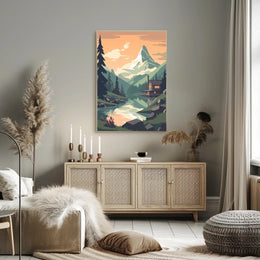Tranquil Mountain Cabin Scene Under Orange Sky Travel Poster PosterGoat