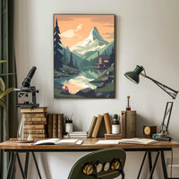 Tranquil Mountain Cabin Scene Under Orange Sky Travel Poster PosterGoat