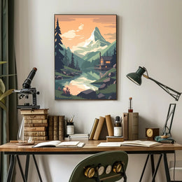 Tranquil Mountain Cabin Scene Under Orange Sky Travel Poster PosterGoat