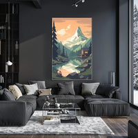 Tranquil Mountain Cabin Scene Under Orange Sky Travel Poster PosterGoat