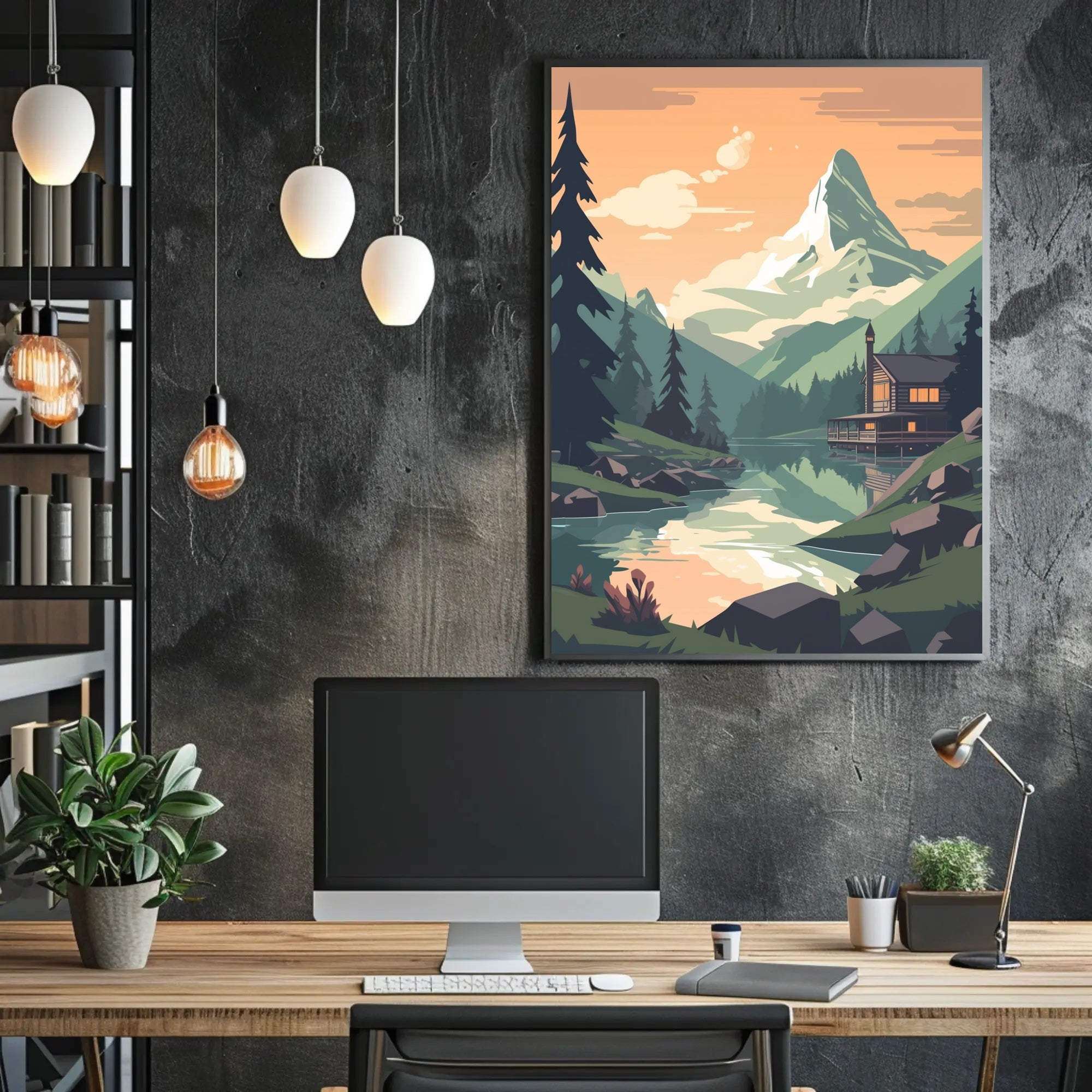 Tranquil Mountain Cabin Scene Under Orange Sky Travel Poster PosterGoat