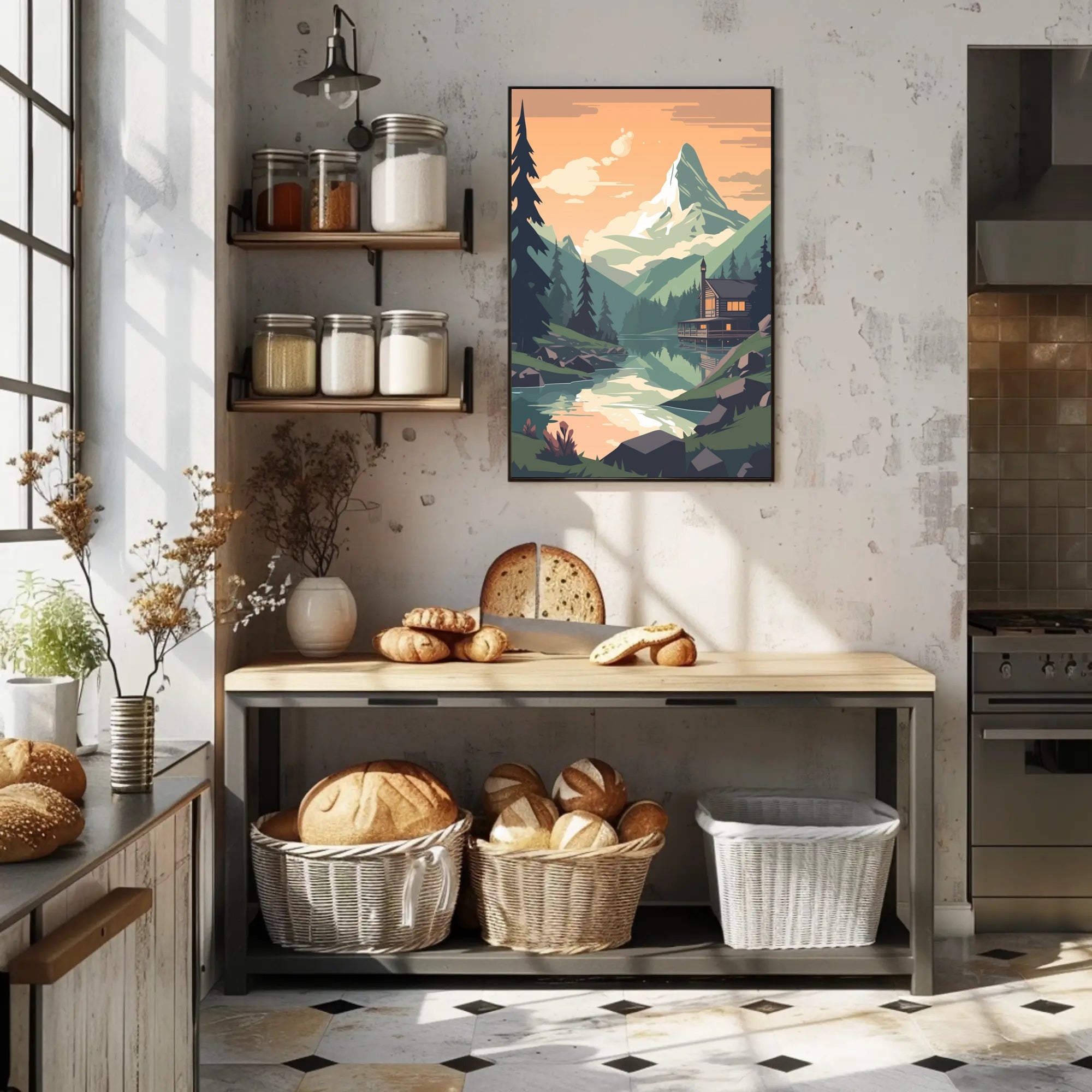 Tranquil Mountain Cabin Scene Under Orange Sky Travel Poster PosterGoat