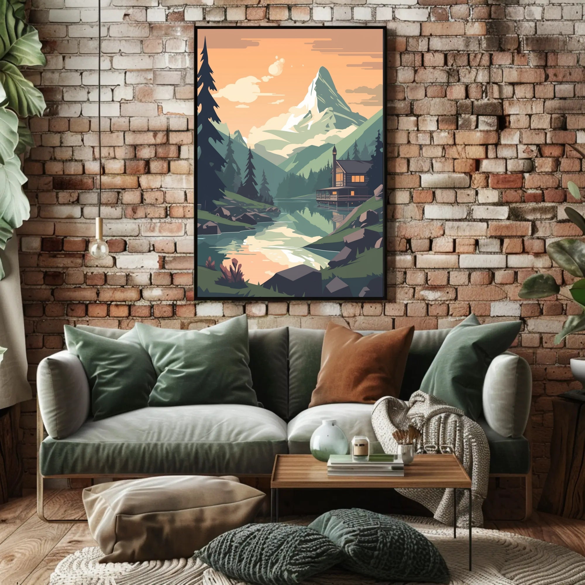 Tranquil Mountain Cabin Scene Under Orange Sky Travel Poster PosterGoat