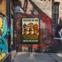 A poster with two soldiers in uniform Travel Poster showing unity and victory with flags, perfect for decor and travel lovers.