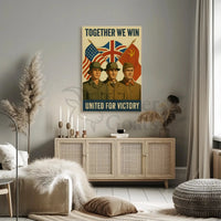 a poster with two soldiers in uniform Travel Poster hangs above a wooden console in a cozy living room setting