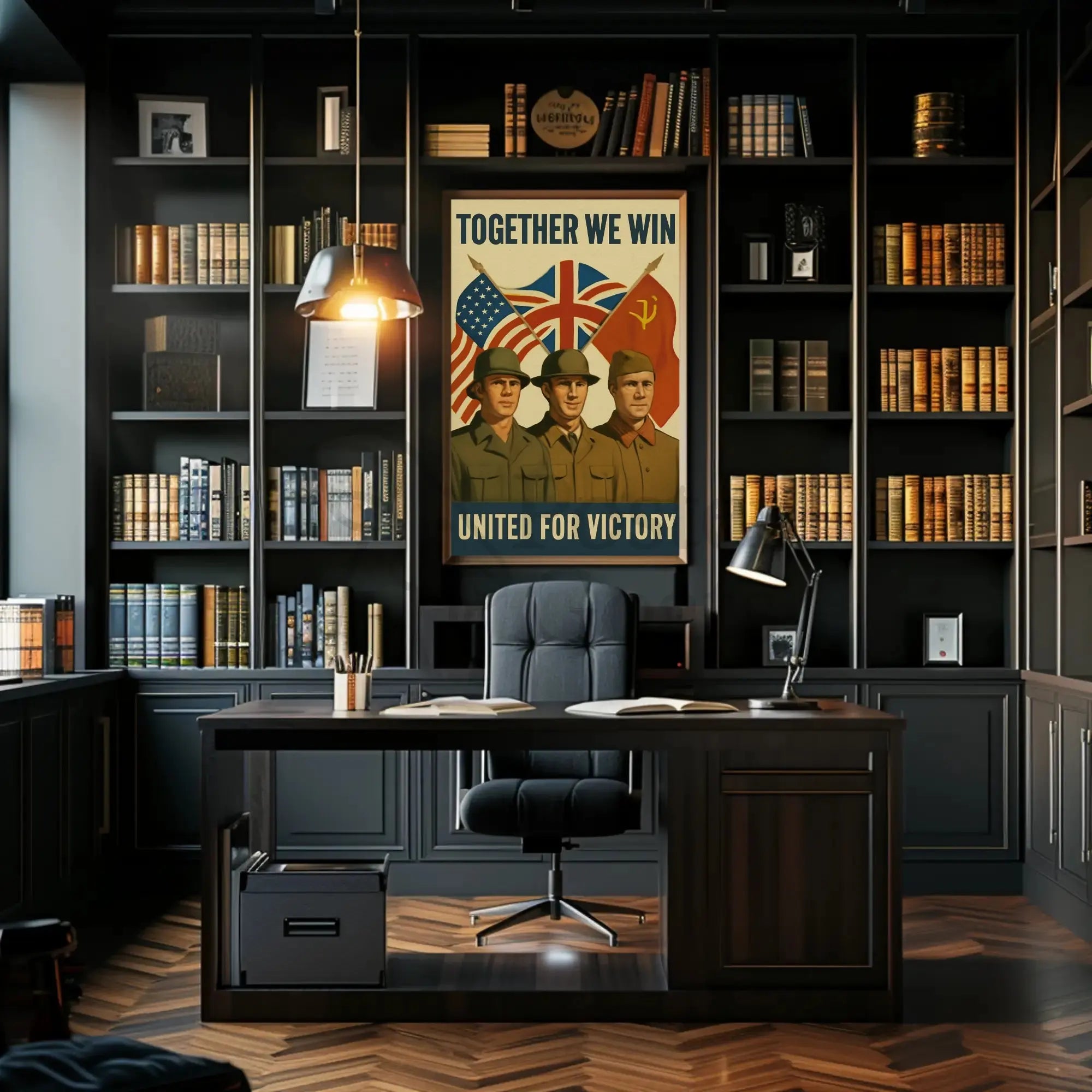 A poster with two soldiers in uniform Travel Poster displayed in a stylish office with dark bookshelves.