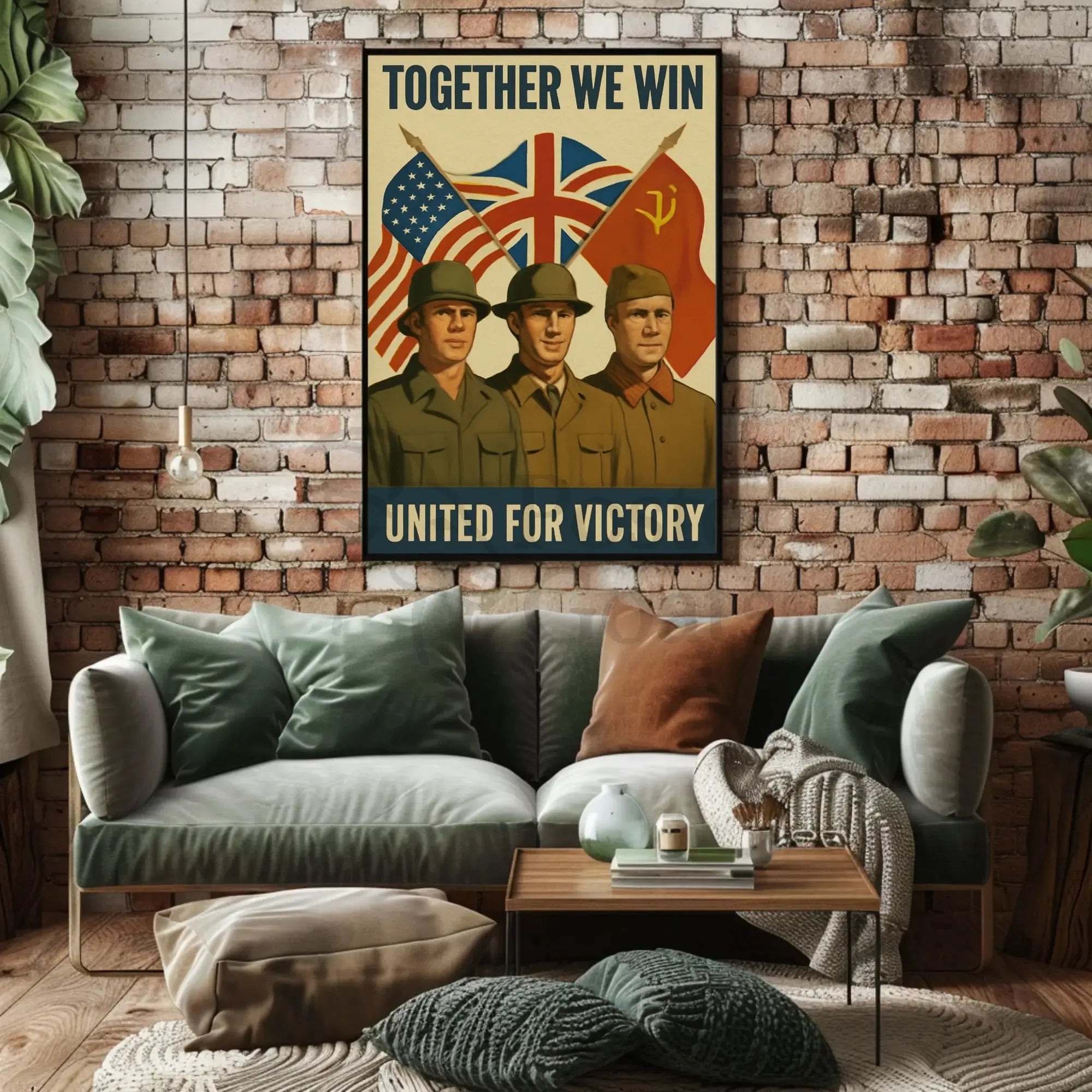 A poster with two soldiers in uniform Travel Poster displayed above a modern sofa in a cozy living room setting.