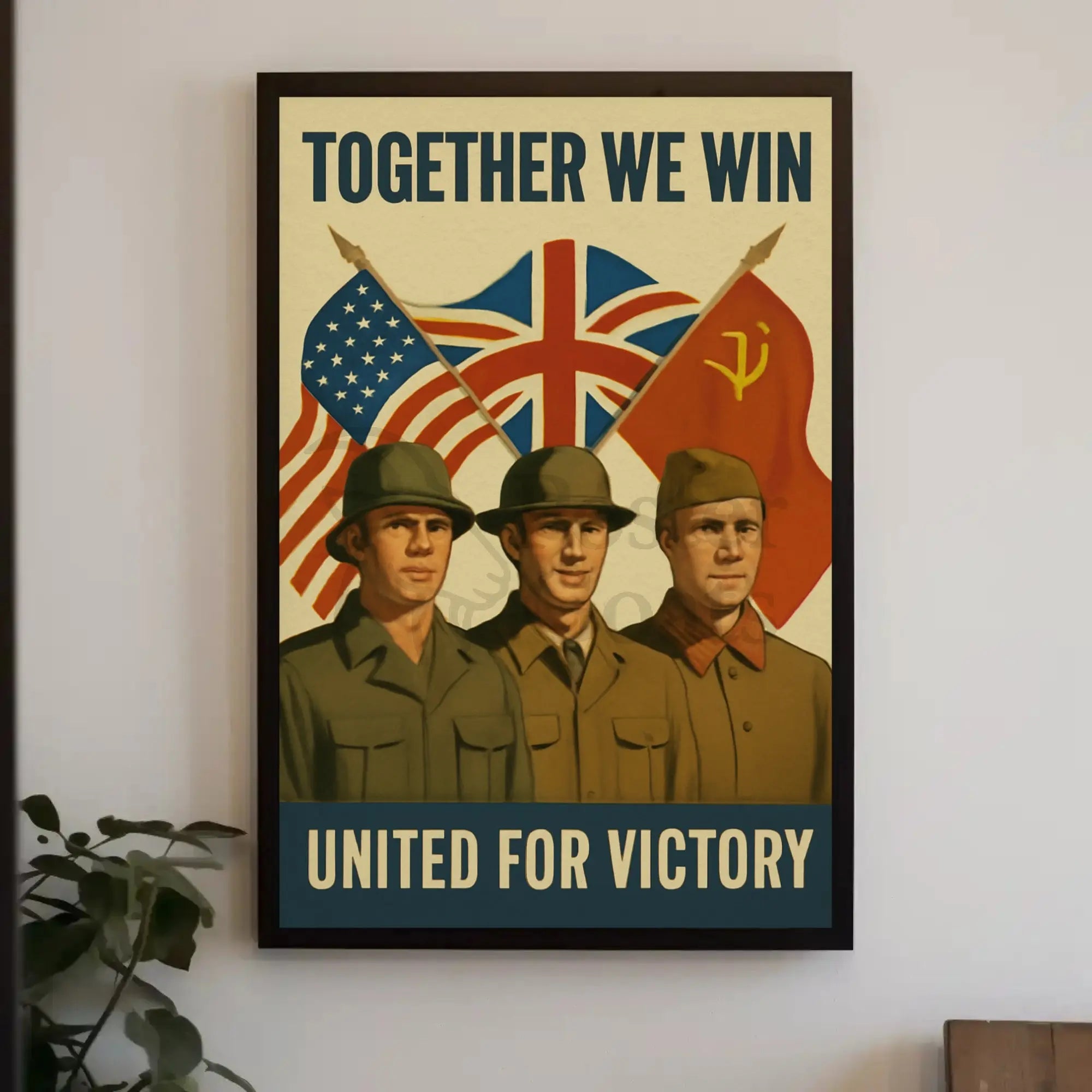 A poster with two soldiers in uniform Travel Poster featuring unity and victory, perfect for vintage decor lovers.