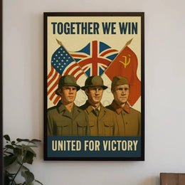 A poster with two soldiers in uniform Travel Poster featuring unity and victory, perfect for vintage decor lovers.
