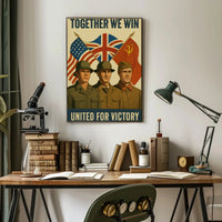 A poster with two soldiers in uniform Travel Poster featuring WWII allies flags, styled in a vintage decor setting.