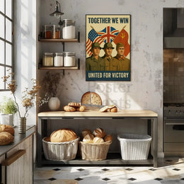 A poster with two soldiers in uniform Travel Poster hangs above a kitchen counter with fresh bread baskets.