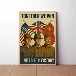 A poster with two soldiers in uniform Travel Poster featuring vintage wartime flags and unity for victory decor.