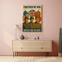 A poster with two soldiers in uniform Travel Poster featuring vintage flags, perfect for stylish home decor.