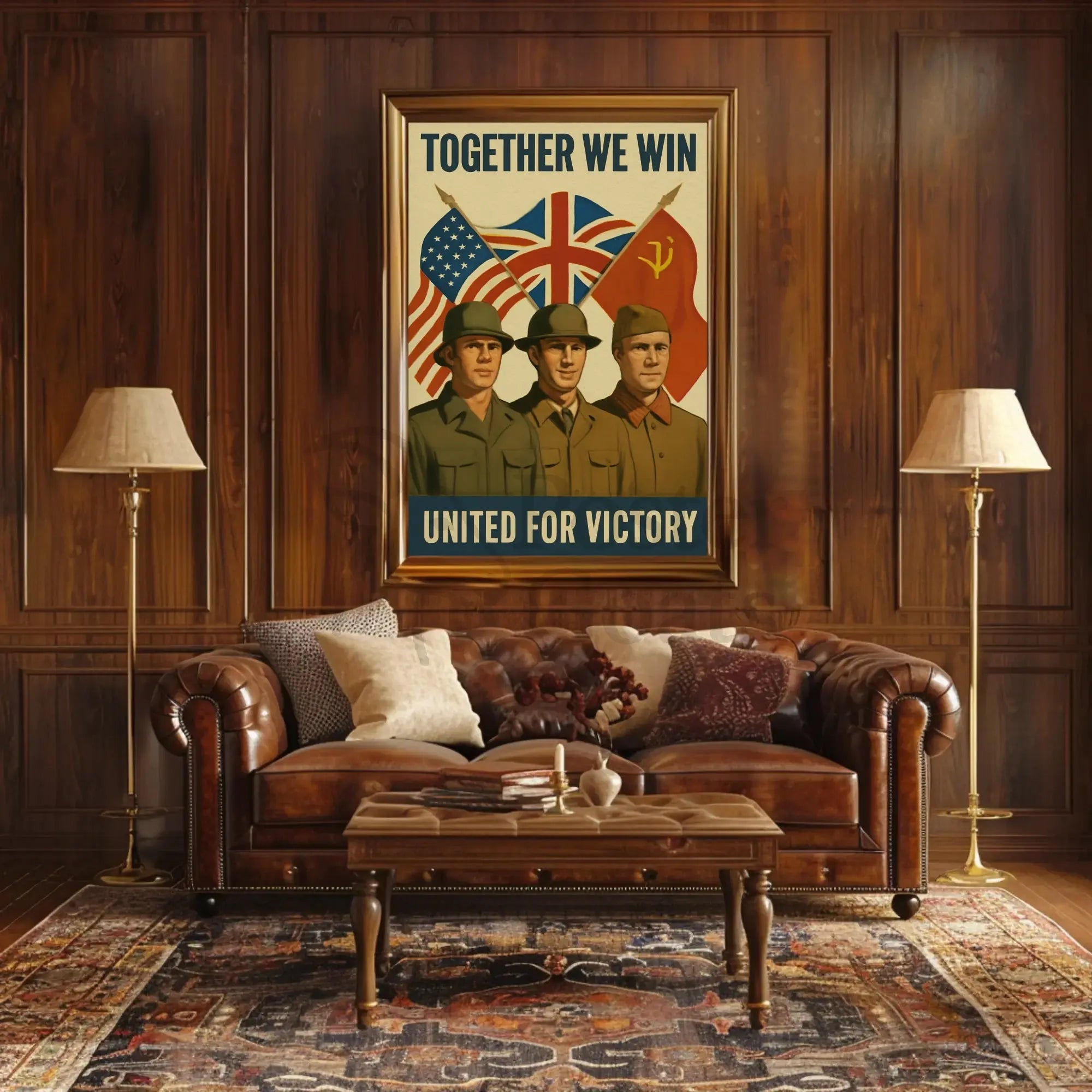 A poster with two soldiers in uniform Travel Poster displayed above a leather sofa in a cozy vintage living room.