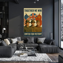 A poster with two soldiers in uniform Travel Poster showcasing unity with flags, perfect for stylish room decor at Lost Pines Trading.