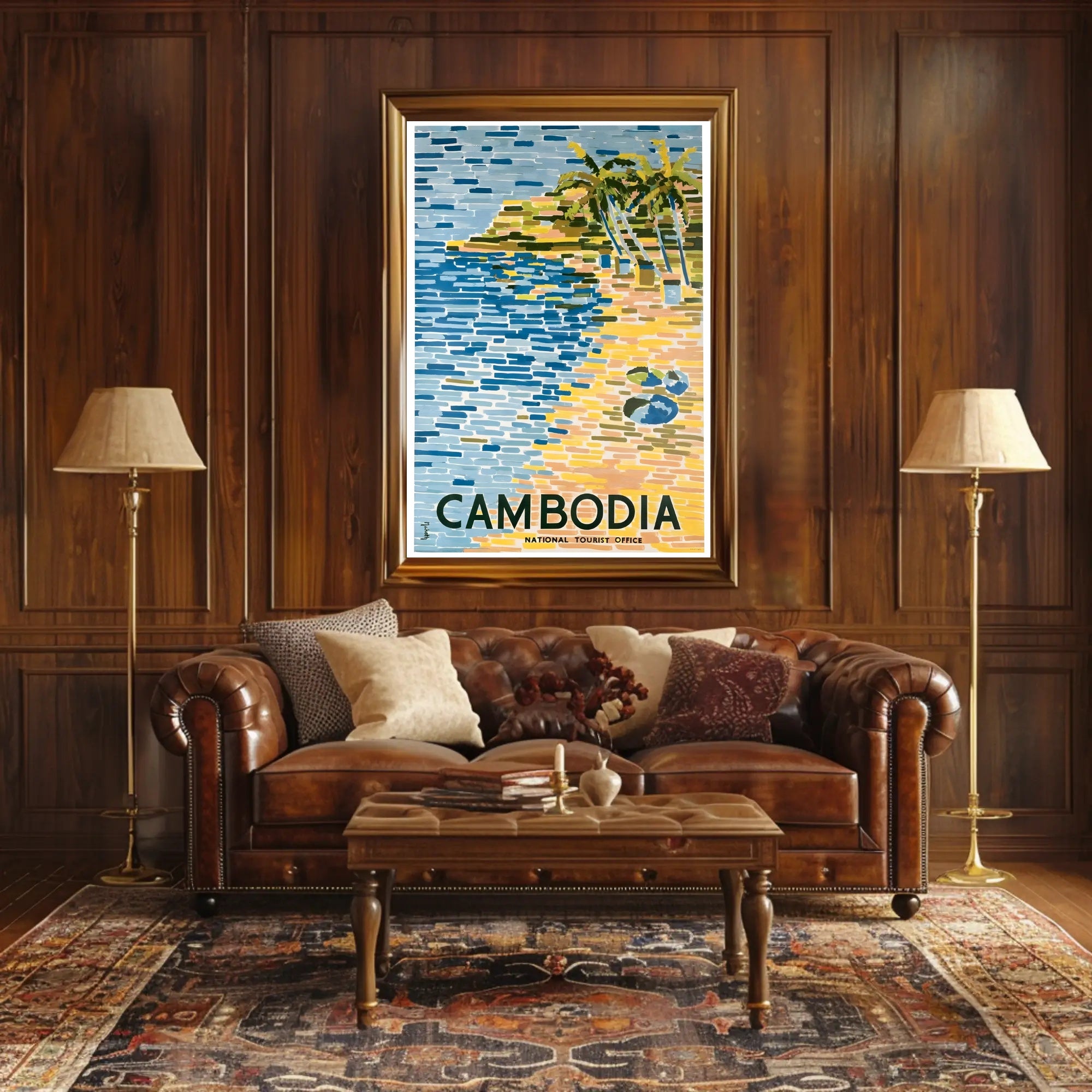 Tropical Cambodia Travel Poster: Serene Beach and Palm Trees PosterGoat