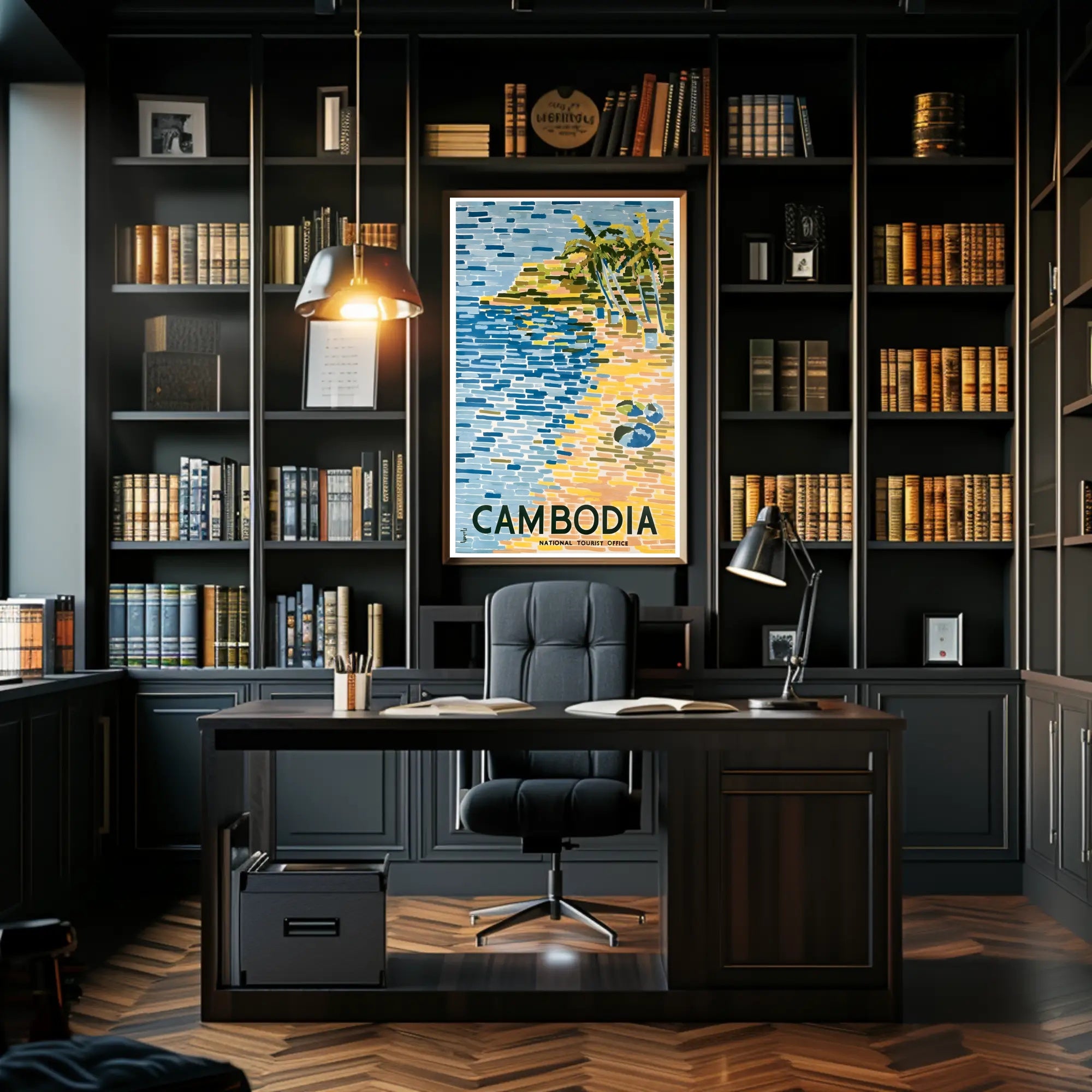 Tropical Cambodia Travel Poster: Serene Beach and Palm Trees PosterGoat
