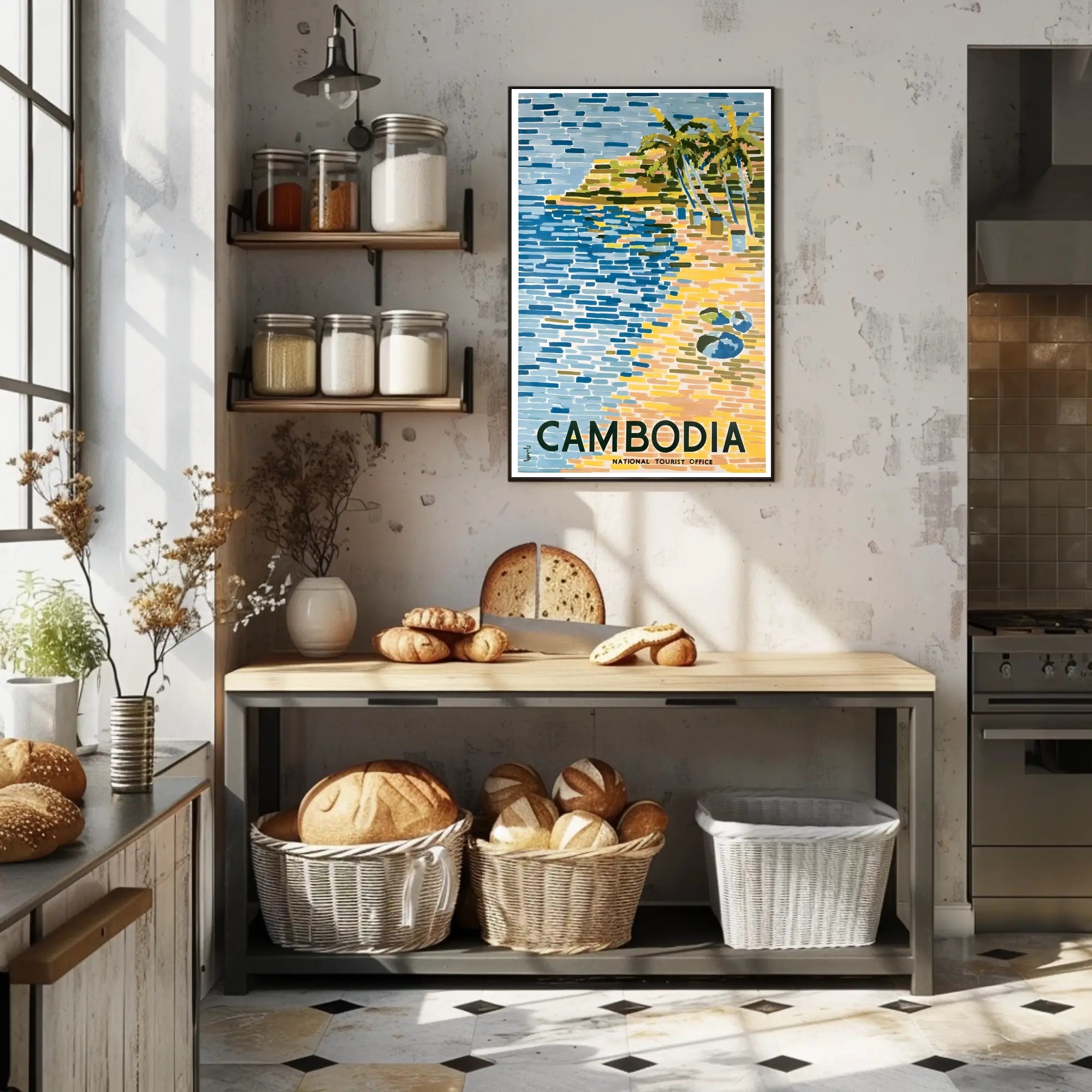 Tropical Cambodia Travel Poster: Serene Beach and Palm Trees PosterGoat