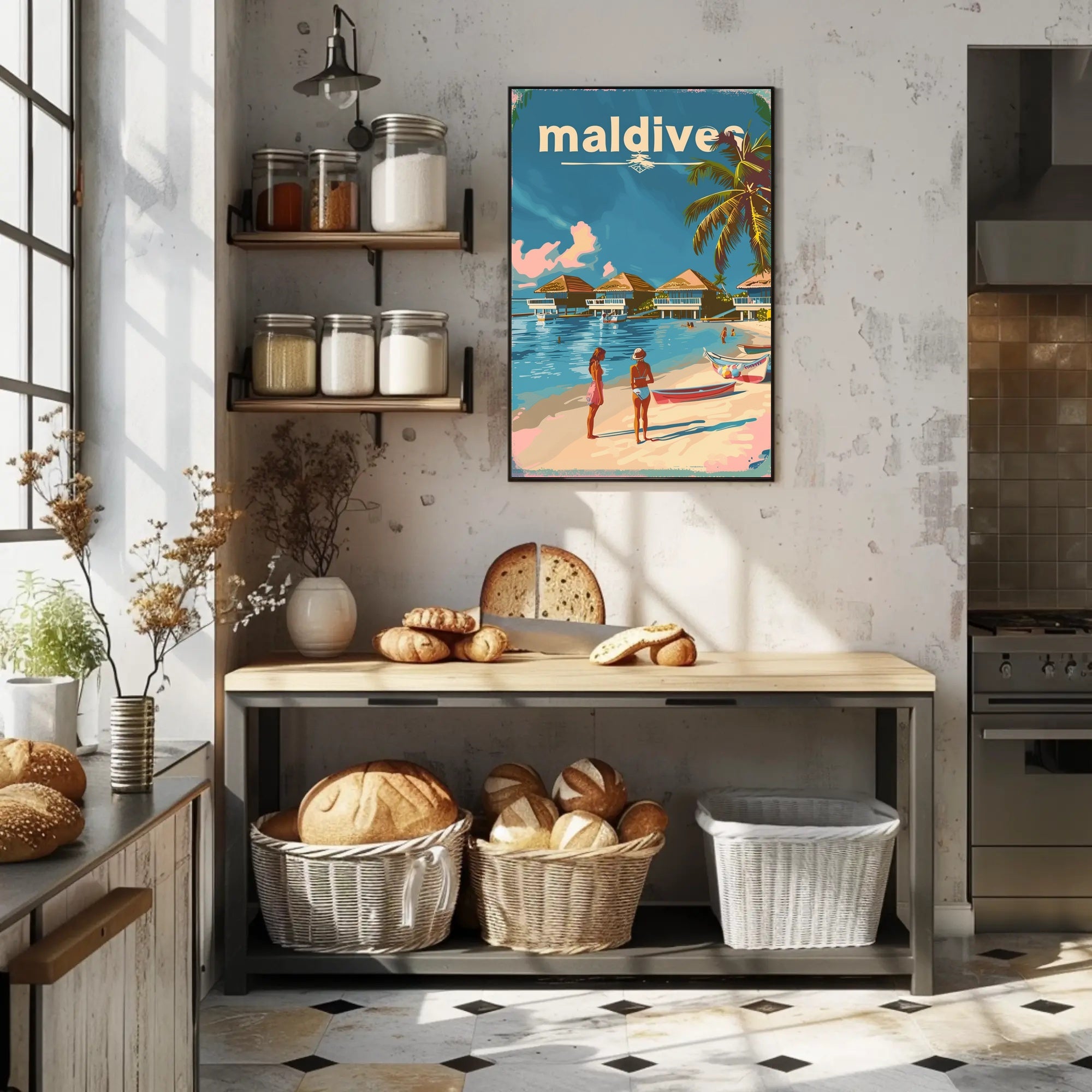 Tropical Maldives Beach Retro Travel-Themed Poster PosterGoat