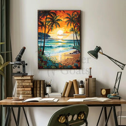 Tropical Sunset Beach Escape: Artistic Travel Poster PosterGoat