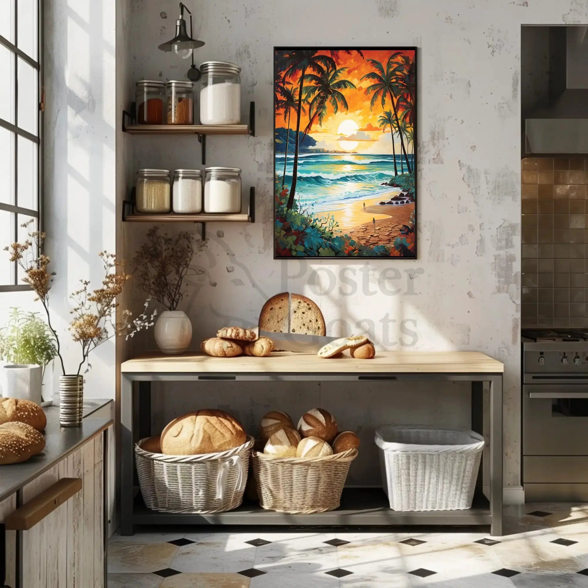 Tropical Sunset Beach Escape: Artistic Travel Poster PosterGoat