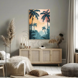 Tropical Sunset Silhouetted Palm Trees Artistic Poster PosterGoat