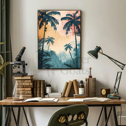 Tropical Sunset Silhouetted Palm Trees Artistic Poster PosterGoat