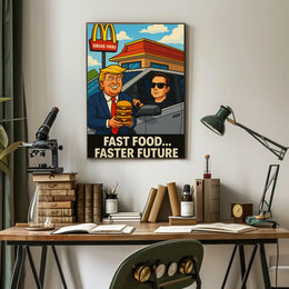 Trump Elon Fast Food Future Satirical Pop Culture Poster PosterGoat